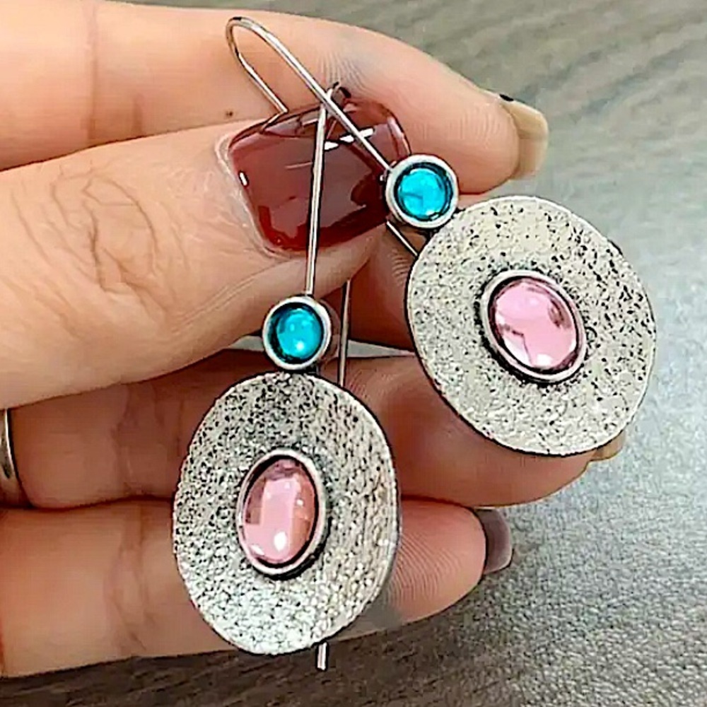 Tribal Pink, Blue Stone Dangle Earrings Vintage Bohemian Boho